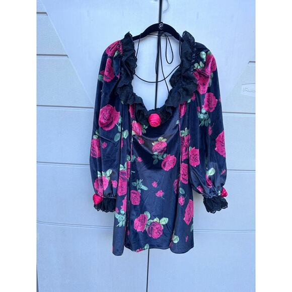 For Love & Lemons Yara Floral Mini Fairy Whimsigoth Velvet Babydoll Dress Sz XL - Picture 2 of 16